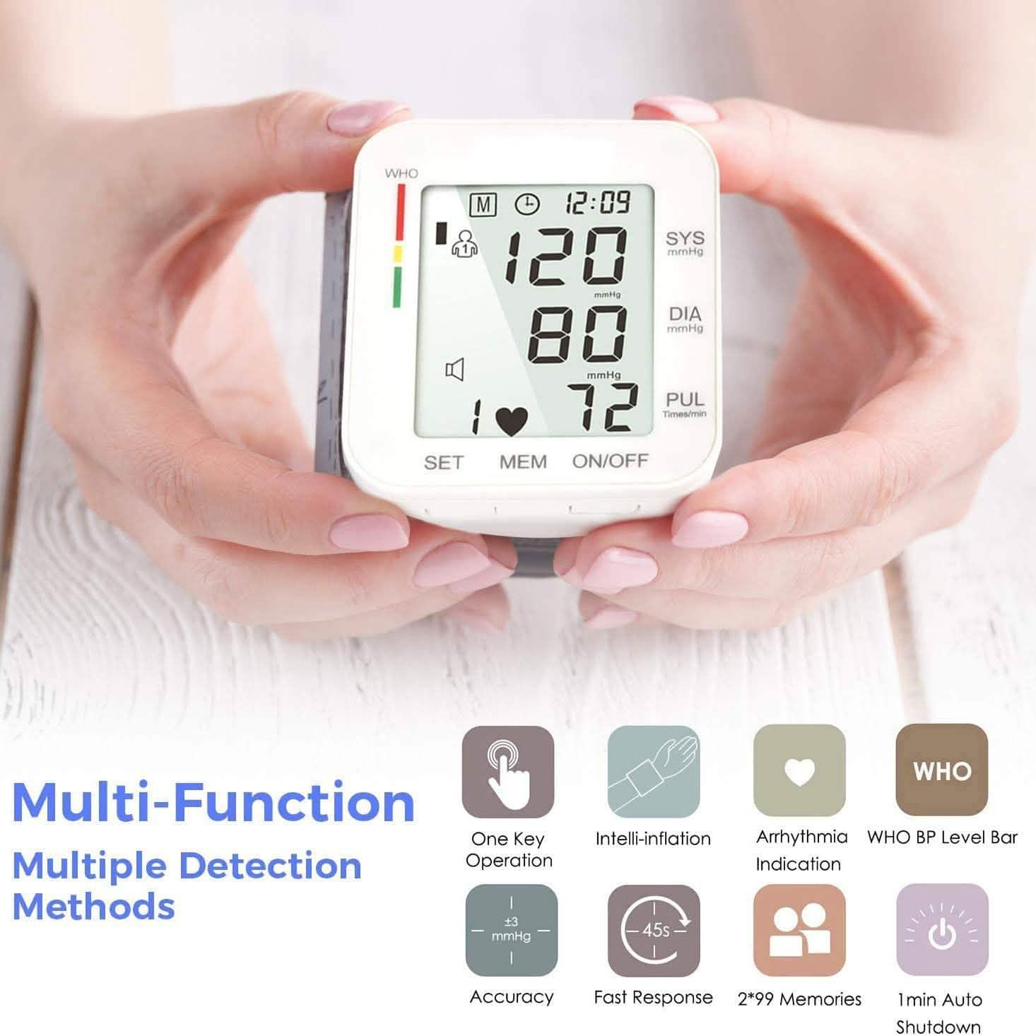 Blood Pressure Monitor Large LCD Display and Adjustable Wrist Cuff