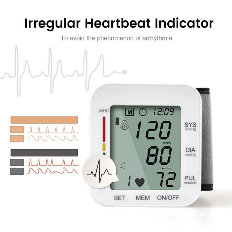 Blood Pressure Monitor Large LCD Display and Adjustable Wrist Cuff