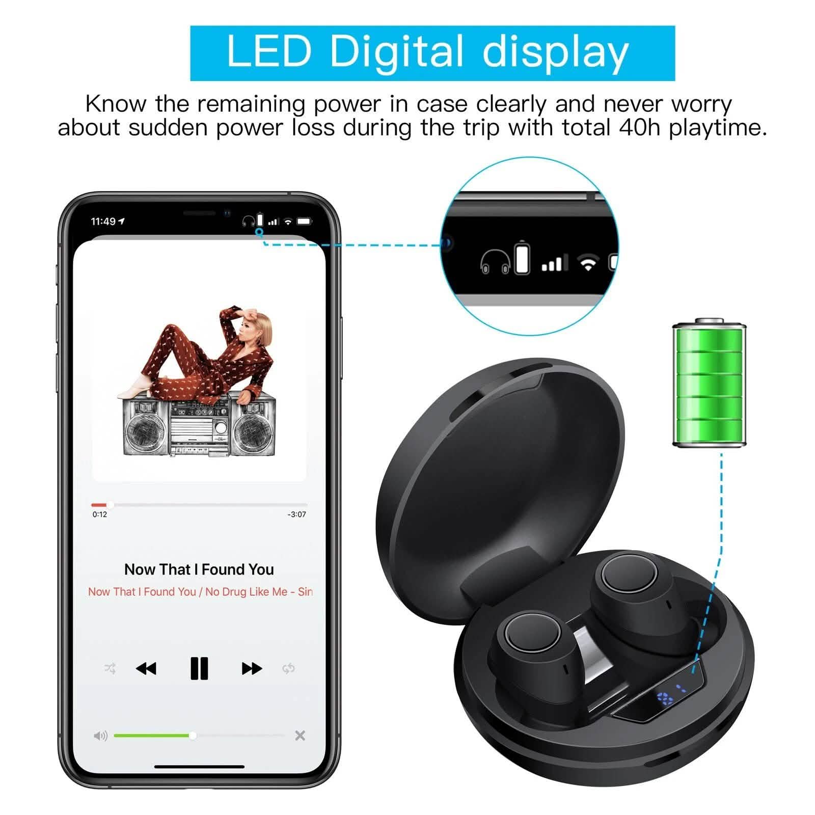Bluetooth 5.0 Wireless Headset Deep Bass Stereo Earbuds LCD Power Display