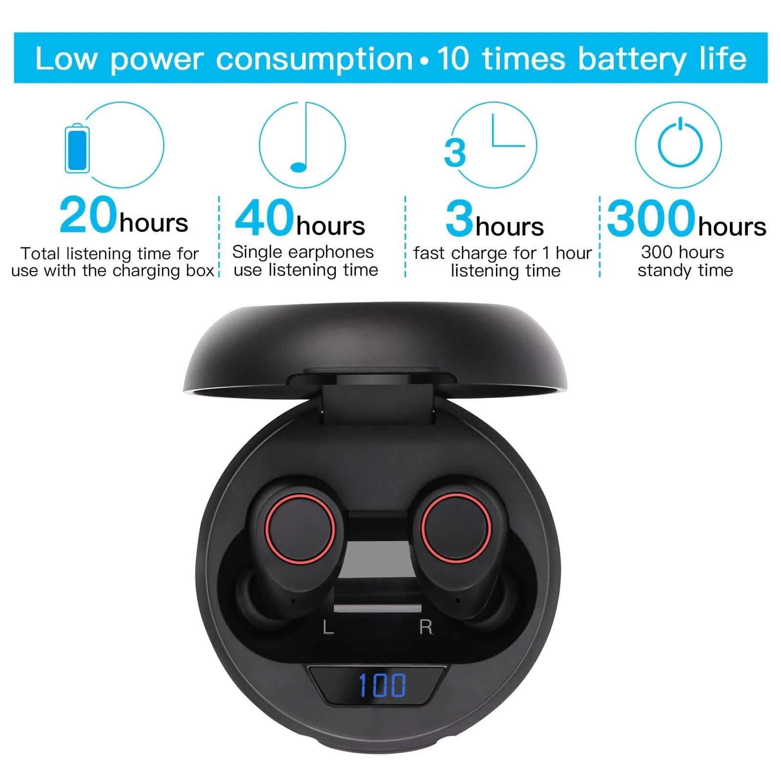 Bluetooth 5.0 Wireless Headset Deep Bass Stereo Earbuds LCD Power Display