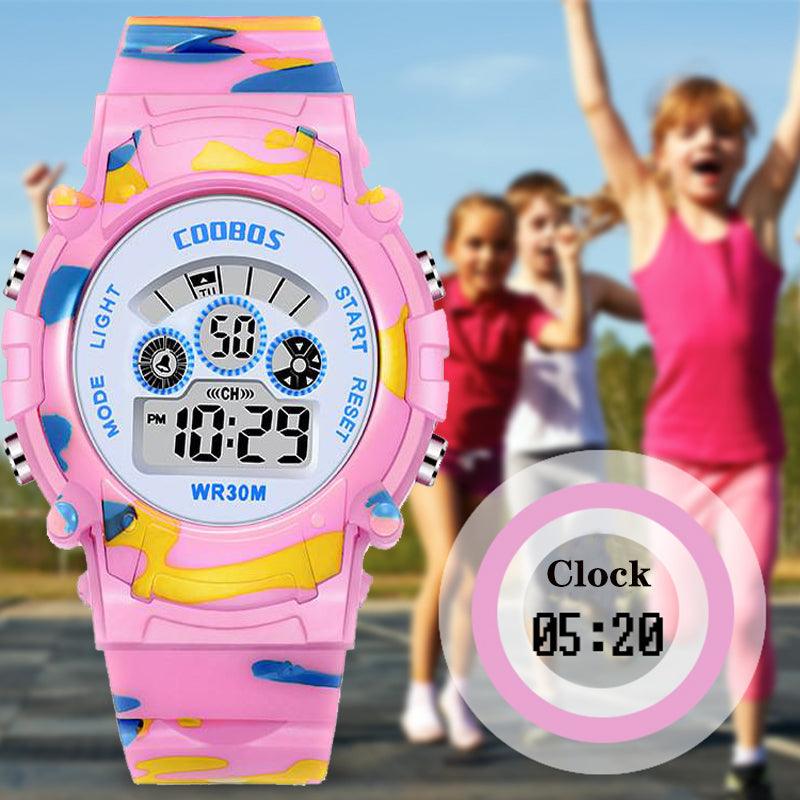 Boys Sports Military Kids Digital Watches Student Childrens Watch Fashion Luminous Led Alarm Camouflage Green Waterproof 7 Color Led Backlight Multifuction Wristwatch For Boys Girls