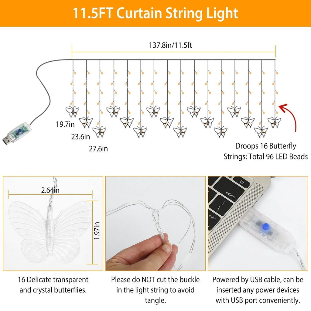 Butterfly Curtain String Lights USB Powered with 8 Modes 96 LED Remote Control
