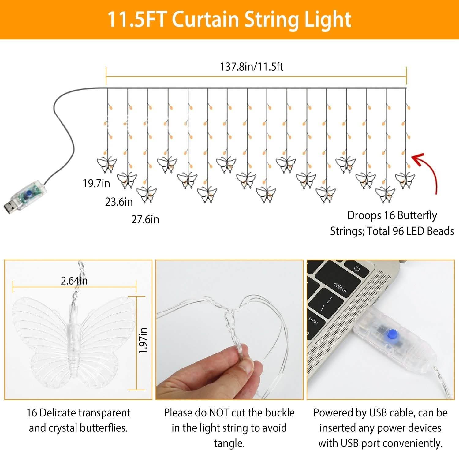 Butterfly Curtain String Lights USB Powered with 8 Modes 96 LED Remote Control