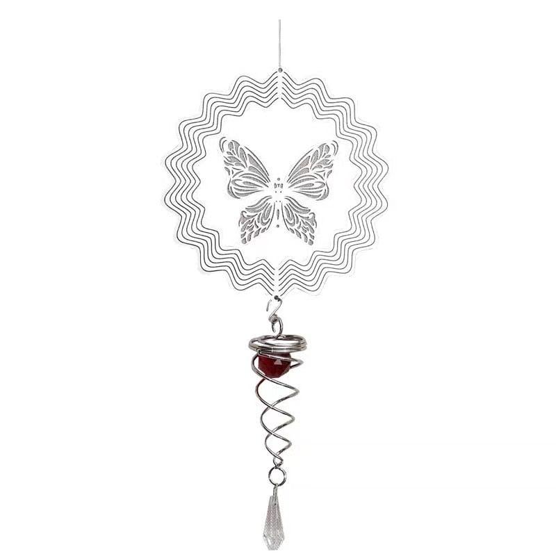 Butterfly Wind Spinner Hanging With Gazing Ball Spiral Tail 3D Metal Rotating Outdoor Stainless Steel Butterfly Metal Wind Chime Christmas Pendant Hanging Spiral Wind-chimes Garden Yard Home Decor