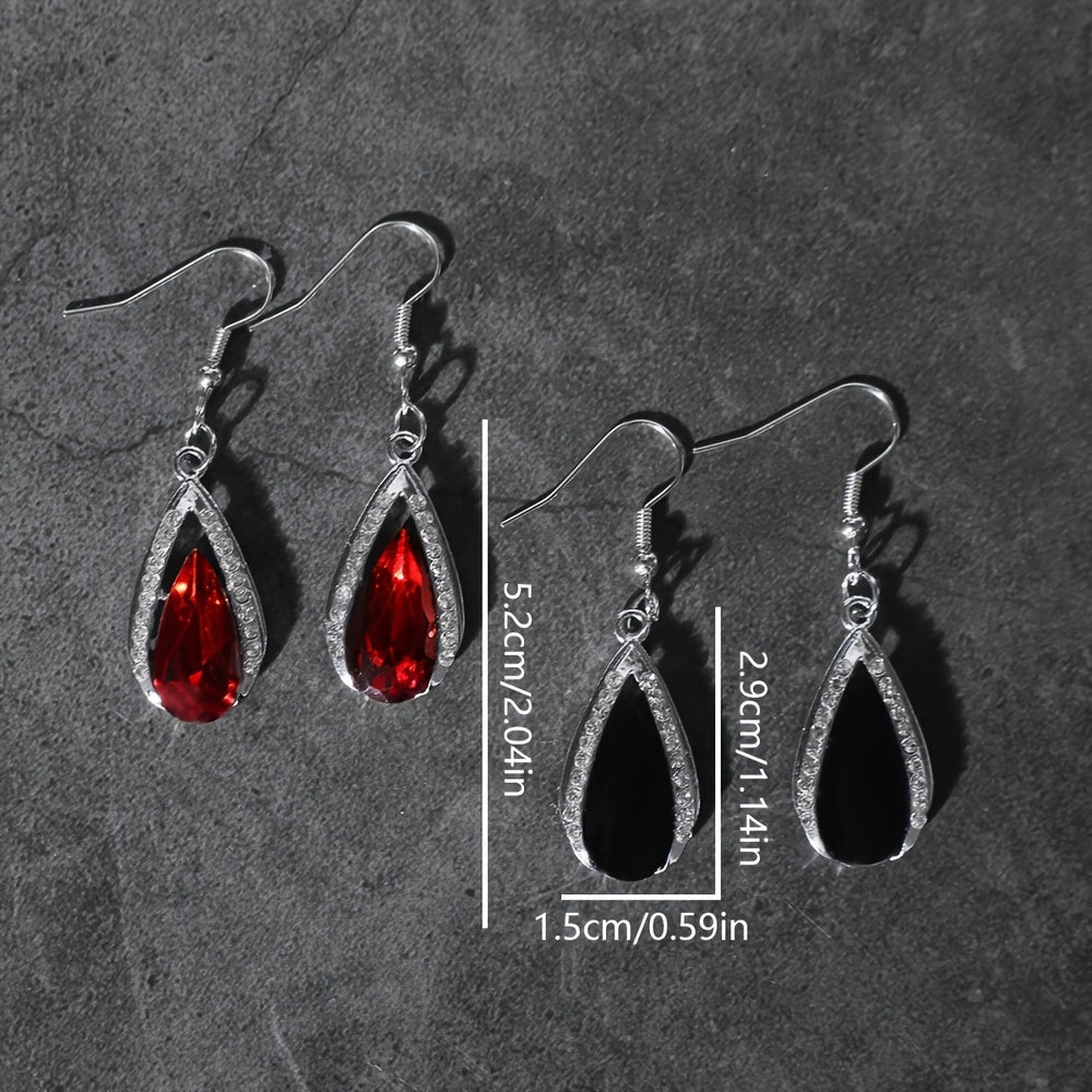 A Stylish And Exquisite Set of Black And Red Teardrop Glass Pendant Earrings And Necklace, Perfect for Valentine'S Day, Anniversaries, Birthdays, Parties, Weddings, And As Jewelry Gifts.