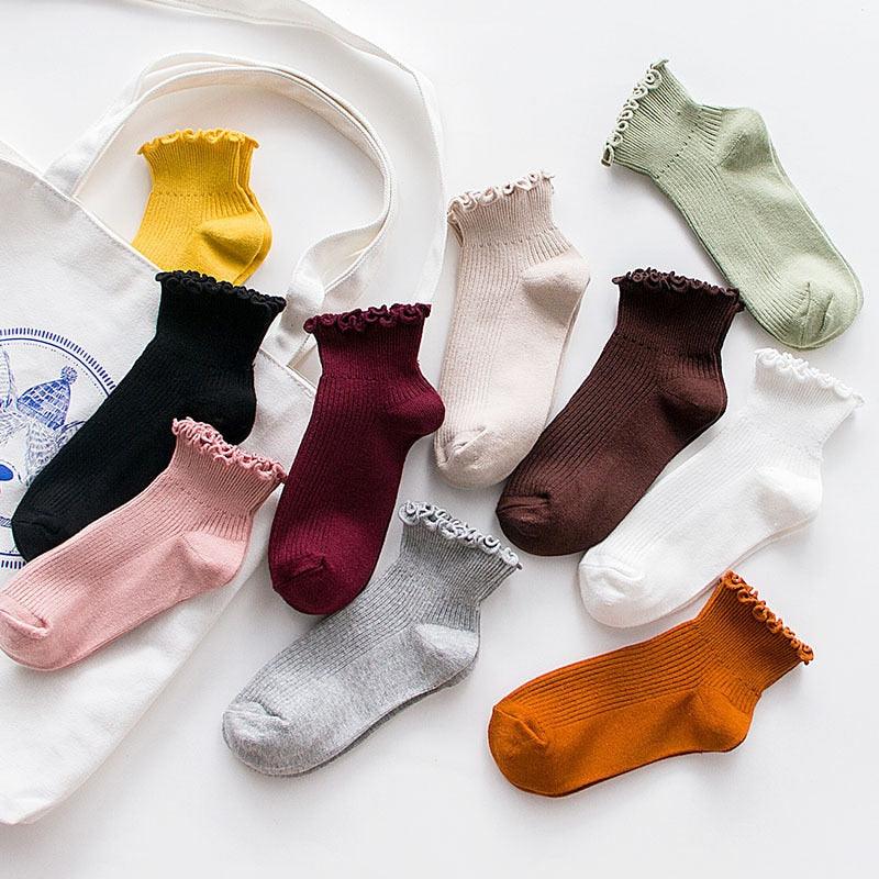Candy High Quality Lace Solid Color Cute Sweet Girl Fashion Socks Pure Cotton Wood Ear Light Mouth Cotton Novelty Socks Unisex Crew Socks For Men And Women