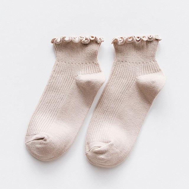 Candy High Quality Lace Solid Color Cute Sweet Girl Fashion Socks Pure Cotton Wood Ear Light Mouth Cotton Novelty Socks Unisex Crew Socks For Men And Women