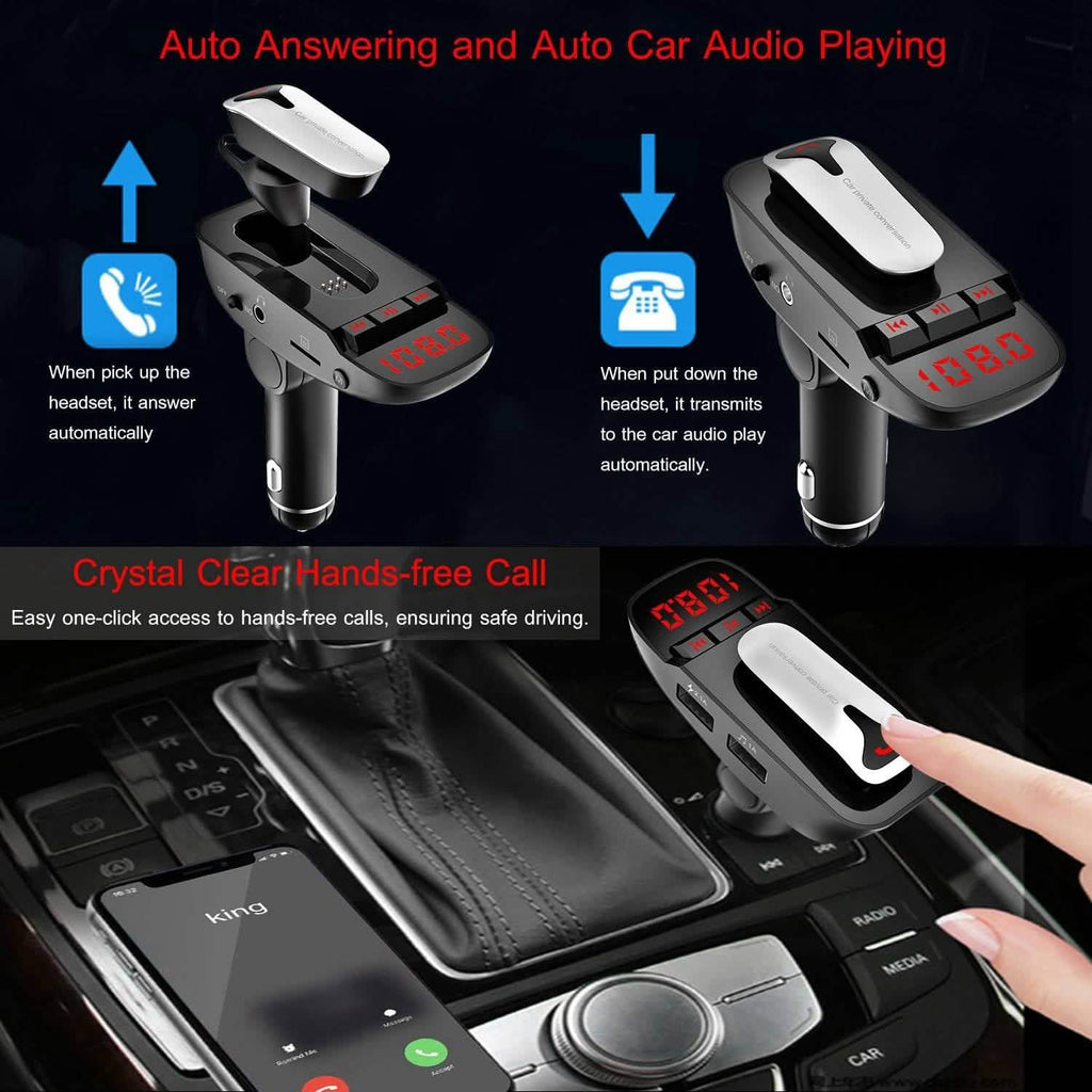 Car FM Transmitter with Wireless Earpiece 2 USB Charge Ports