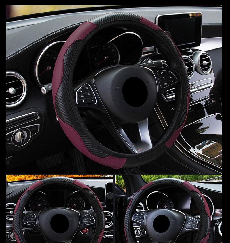 Car Steering Wheel Cover Breathable Anti Slip PU Leather Steering Covers Suitable 37-38cm Auto Decoration Carbon Fiber Thread Leather Steering Wheel Cover Heavy Duty Pure Cowhide Steering Wheel Cover, Genuine Leather Steering Wheel Cover