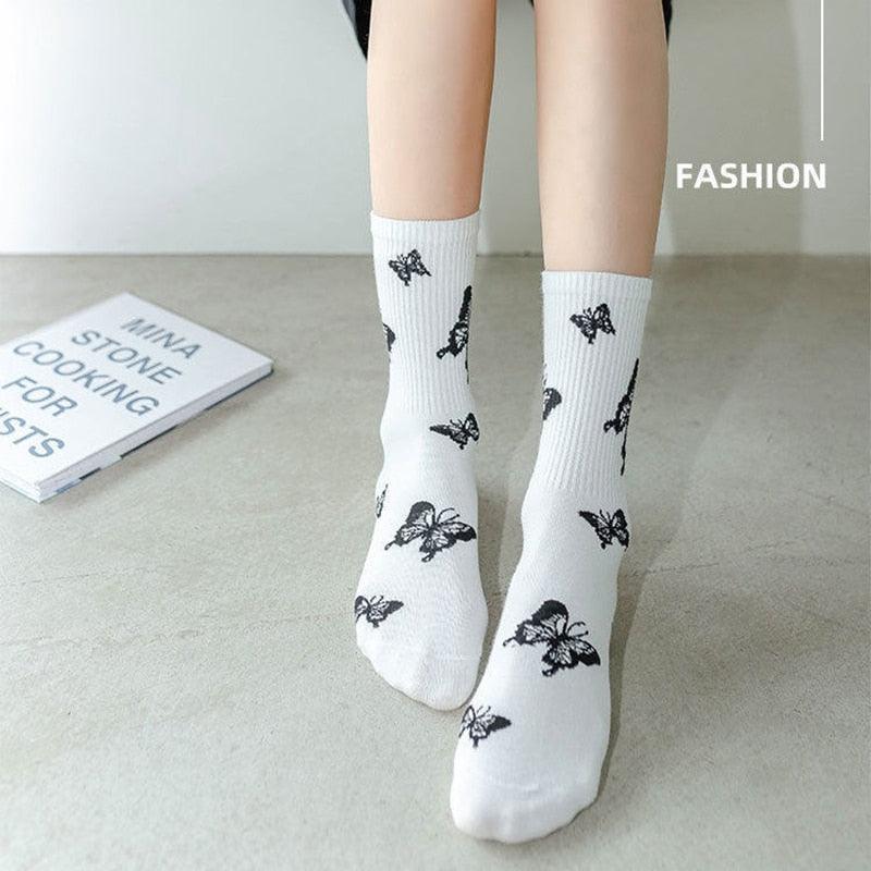Cartoon socks cute bow print white black calcetines Women's Novelty Socks Crew Fun Funky fall fashion Casual Cotton Dress Socks