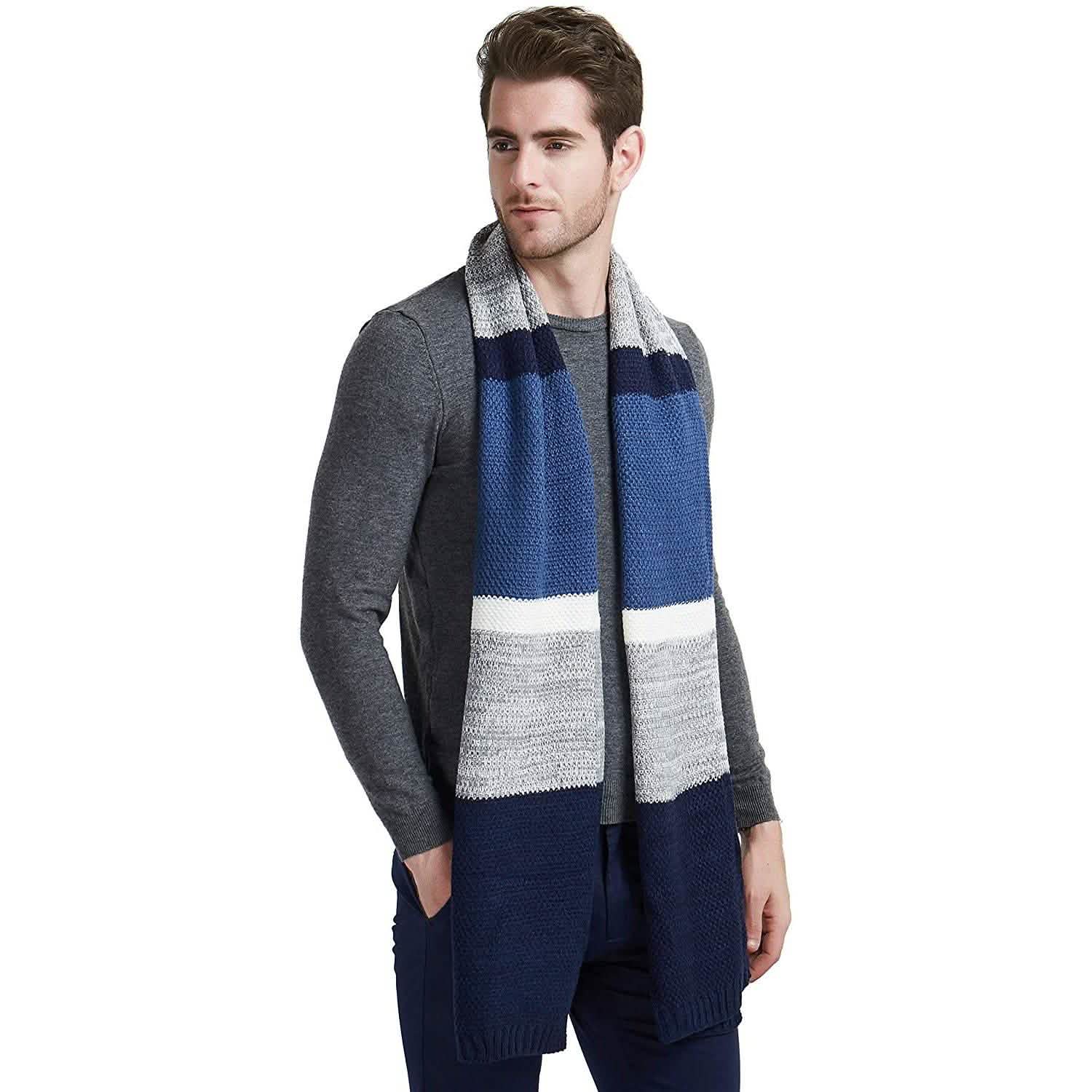 Cashmere Feel Wool Blend Long Scarf Color Block Striped Patchwork