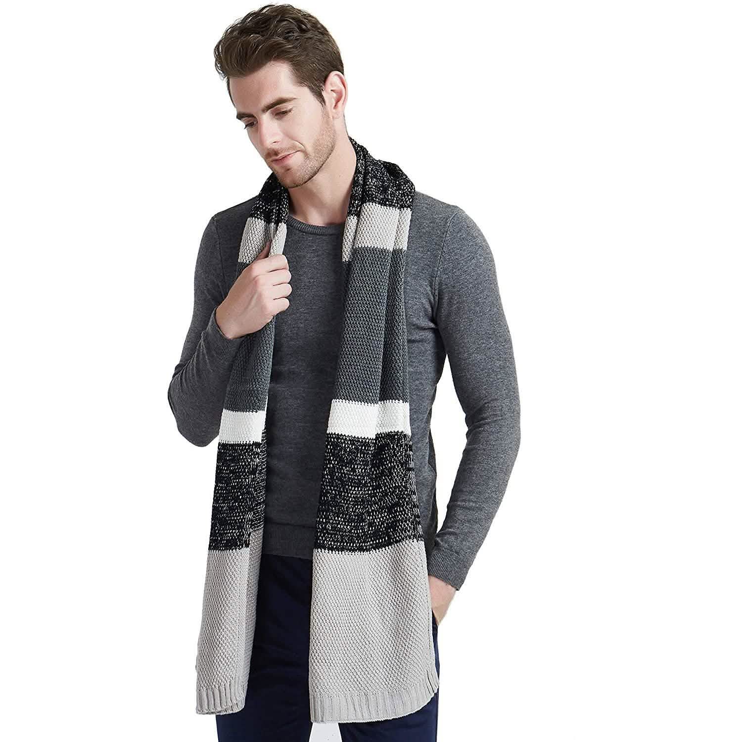 Cashmere Feel Wool Blend Long Scarf Color Block Striped Patchwork