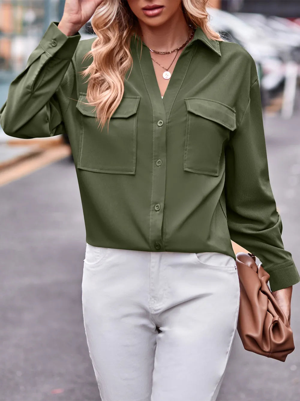 Casual and fashionable double pocket loose long sleeved solid color shirt
