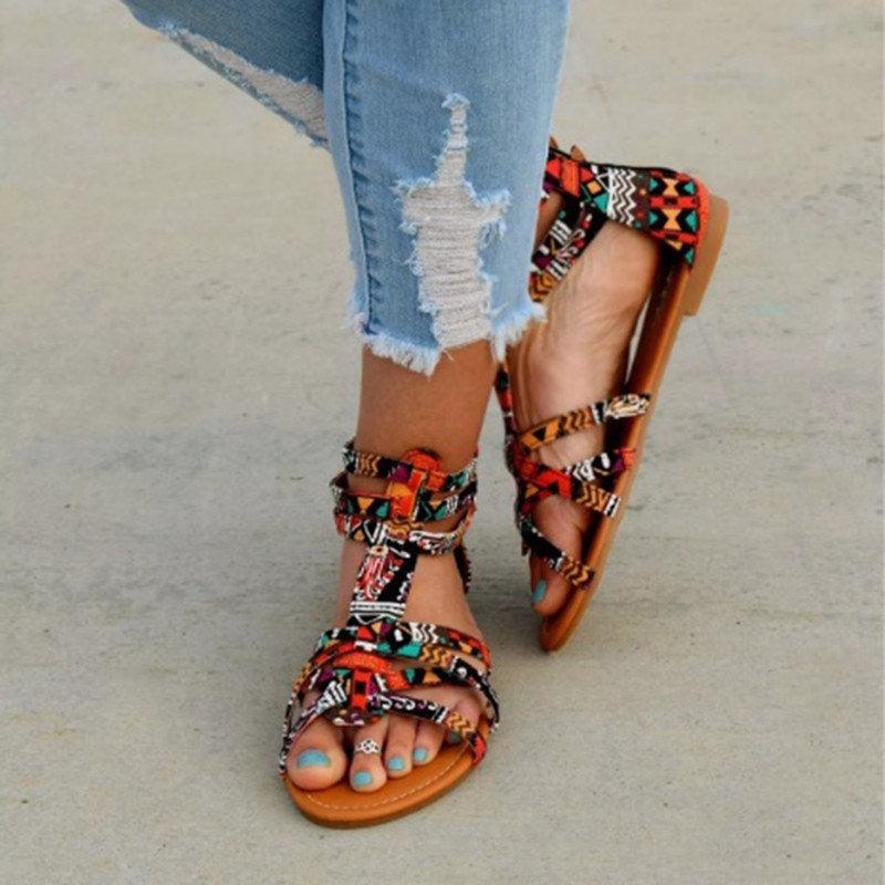 Casual Sandals Shoes Women Colorful Summer Flat Ankle Strap Sandals Shoes Flats Sandals For Women Dressy Strappy Flat Open Toe Sandals Wide Comfortable Leather Sandals