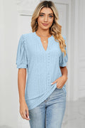 Casual V-neck solid color hollow bubble sleeve loose T-shirt top for women