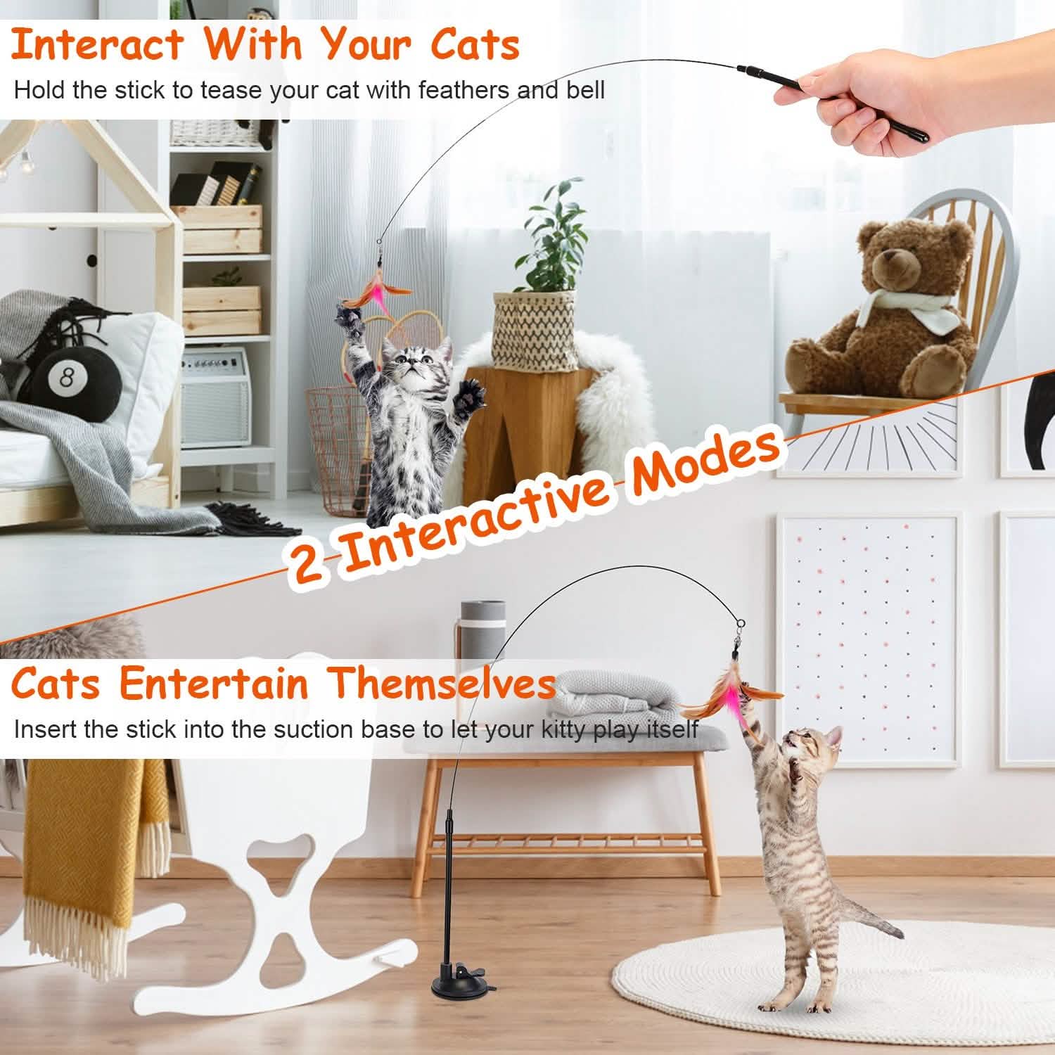 Cat Feather Wand Rod with 12 Pieces Feather Replacements for Cats