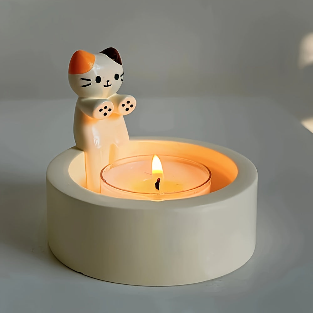1pc WhimsyCat Ceramic Kitten Candle Holder - Encaustic Finish Tabletop Animal Theme Decor for Christmas, Halloween, Easter, Thanksgiving, Valentine'S Day