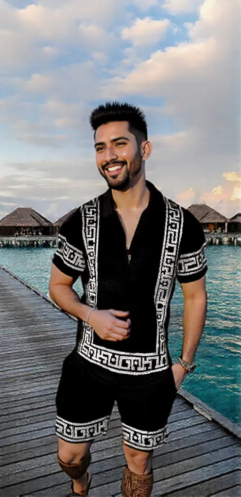 Men's Summer Fashion 3D Printed Short Sleeve Geometric Zip Lapel Shirt Set