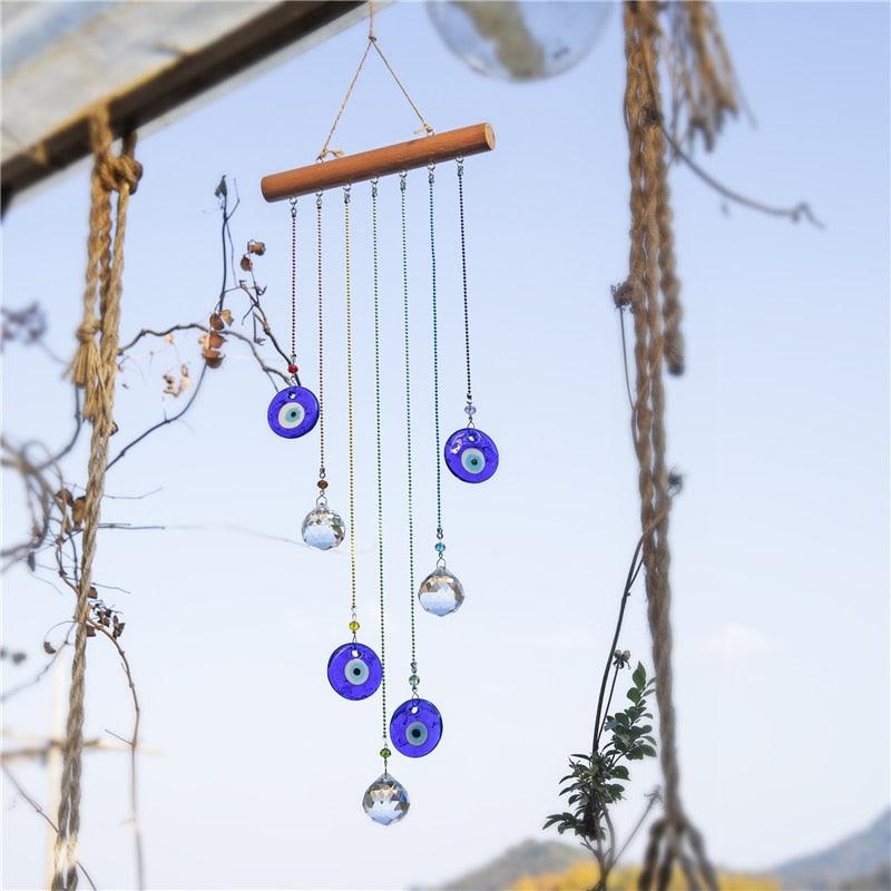 Chakra Energy Clear Crystal Ball Sun-catcher Turkish Window Prisms Blue Evil Eye Light Catching Wind Chimes For Office Decor Home Garden Hanging Decoration Showpiece Lucky Gift