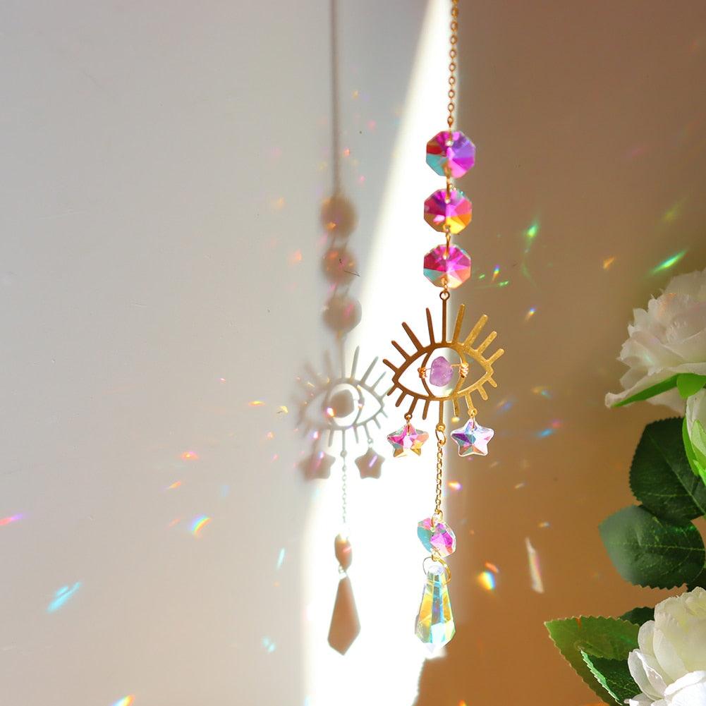 Chandelier Crystal Wind Chime Pendant Metallic Hoop Moon Rainbow Maker Sun Hanging Drop Crystal For Window Curtains Home Decor Gifts Photography Prop