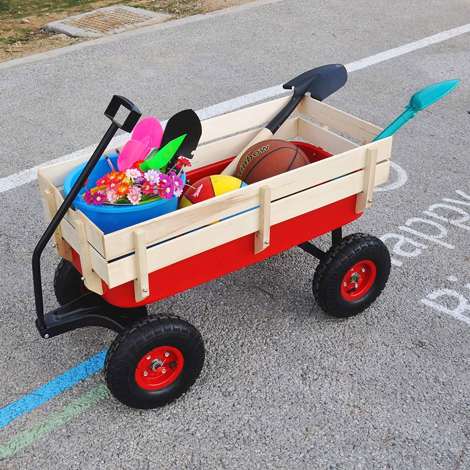 Children Outdoor Wagon All Terrain Pulling with Wood Railing Air Tires