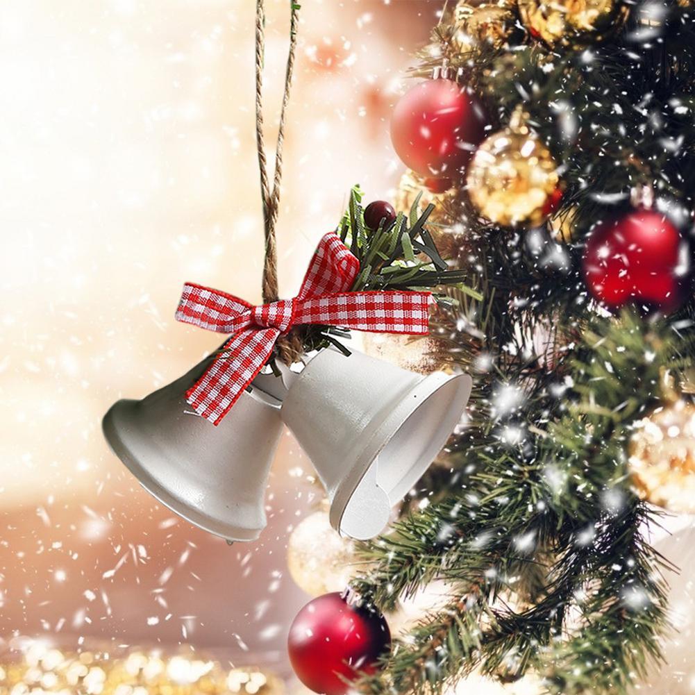 Christmas Bell Ornament Metal Dual Bell Christmas Bell Ornament Decoration with Berry Plaid Bow Christmas Tree Pendants For Making Wind Chimes Christmas Tree Hang Pendant Hang On Door wall porch