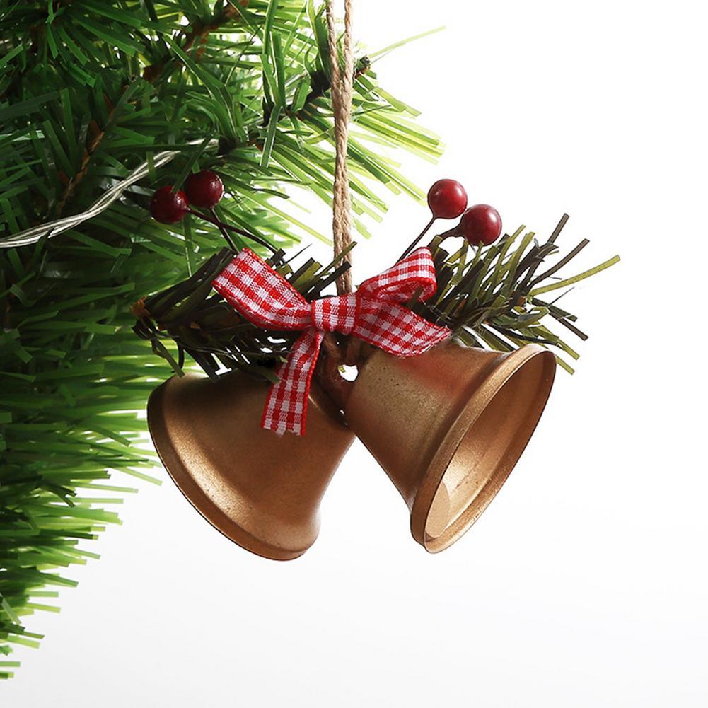 Christmas Bell Ornament Metal Dual Bell Christmas Bell Ornament Decoration with Berry Plaid Bow Christmas Tree Pendants For Making Wind Chimes Christmas Tree Hang Pendant Hang On Door wall porch