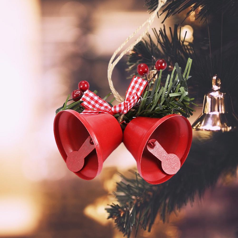 Christmas Bell Ornament Metal Dual Bell Christmas Bell Ornament Decoration with Berry Plaid Bow Christmas Tree Pendants For Making Wind Chimes Christmas Tree Hang Pendant Hang On Door wall porch