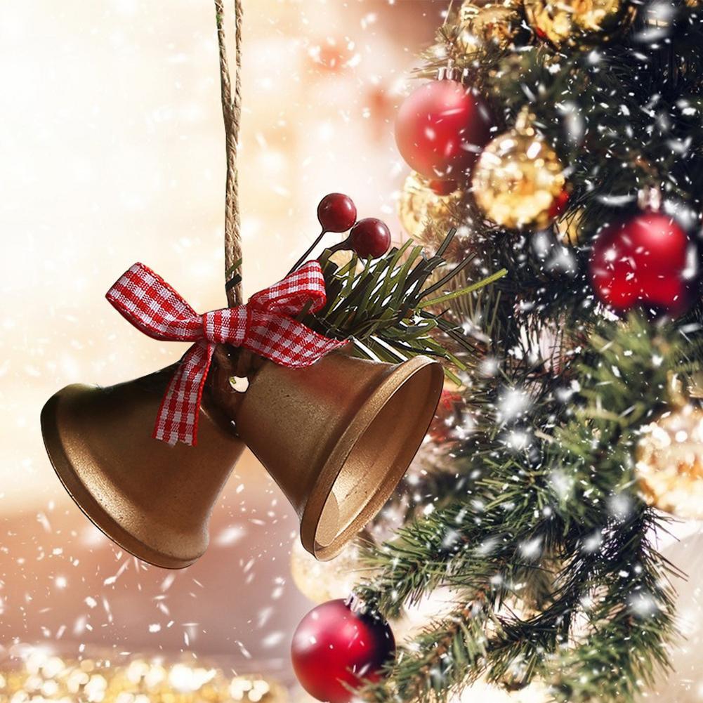Christmas Bell Ornament Metal Dual Bell Christmas Bell Ornament Decoration with Berry Plaid Bow Christmas Tree Pendants For Making Wind Chimes Christmas Tree Hang Pendant Hang On Door wall porch