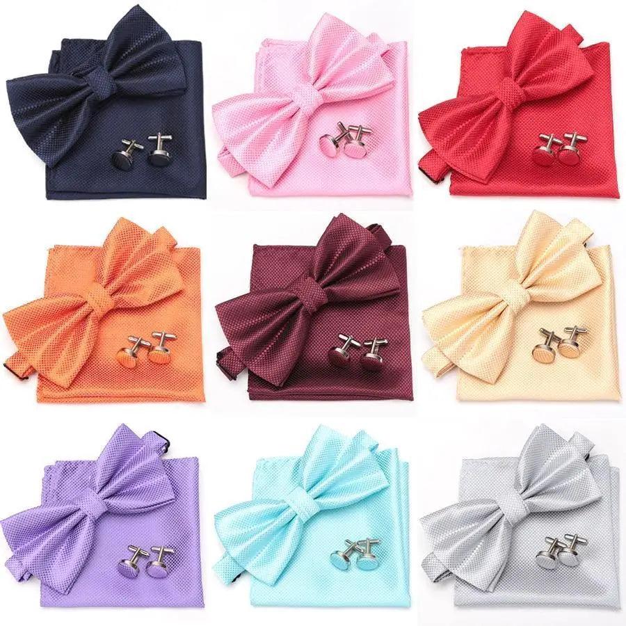 Classic Men Bowtie  Cufflinks Set Casual Men's Fashionable Style Solid Color Bowties Elegant Accessories