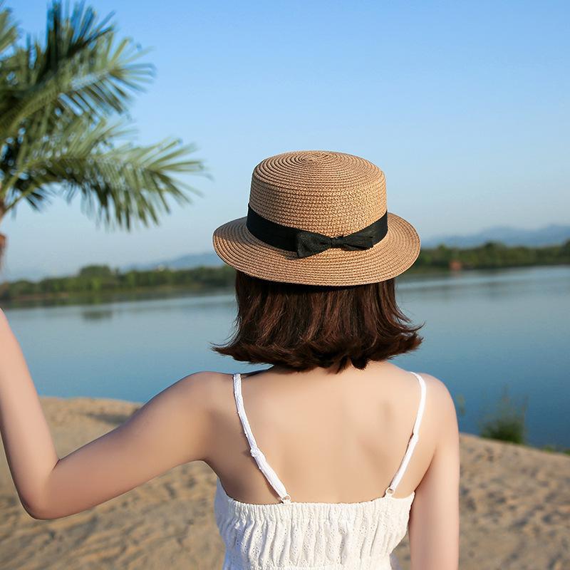 Classic Simple Female Hat For Summer Beach Hat Casual Lady Summer Solid Color Straw Hat Women Elegant Hat Traveling Hats UV Protection Sun Cap Women Flat Bowknot Design Cute Cap Girls Hat 56-58cm