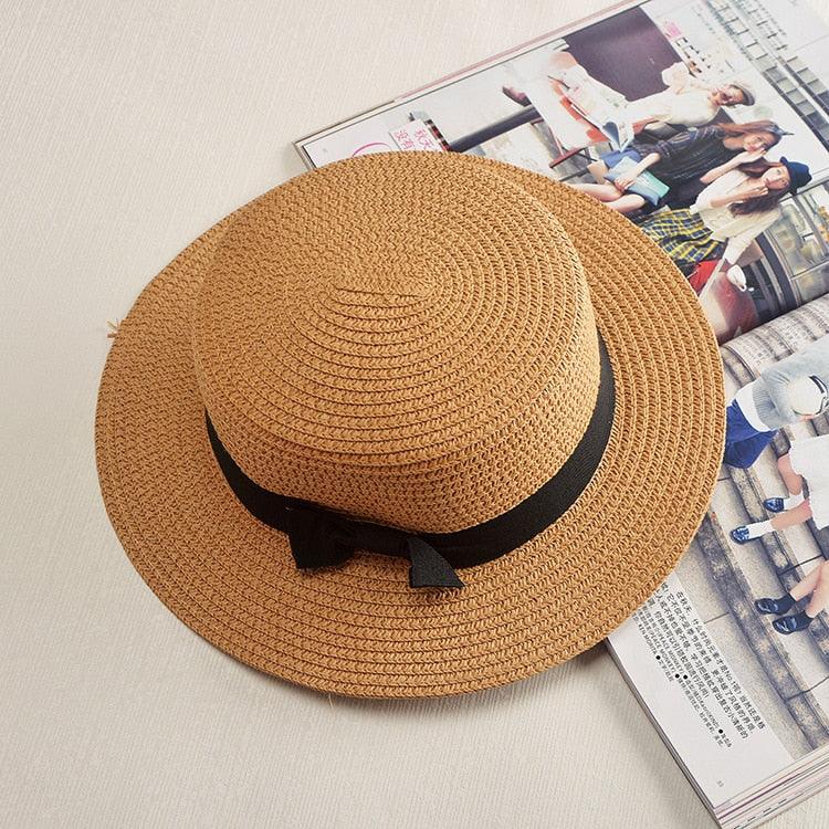 Classic Simple Female Hat For Summer Beach Hat Casual Lady Summer Solid Color Straw Hat Women Elegant Hat Traveling Hats UV Protection Sun Cap Women Flat Bowknot Design Cute Cap Girls Hat 56-58cm