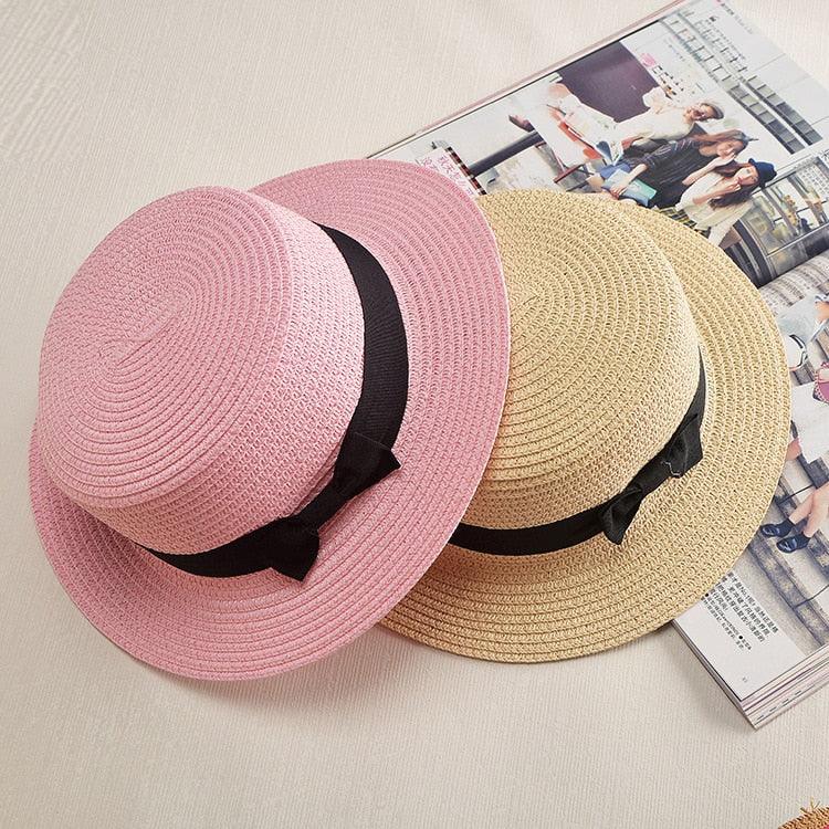 Classic Simple Female Hat For Summer Beach Hat Casual Lady Summer Solid Color Straw Hat Women Elegant Hat Traveling Hats UV Protection Sun Cap Women Flat Bowknot Design Cute Cap Girls Hat 56-58cm