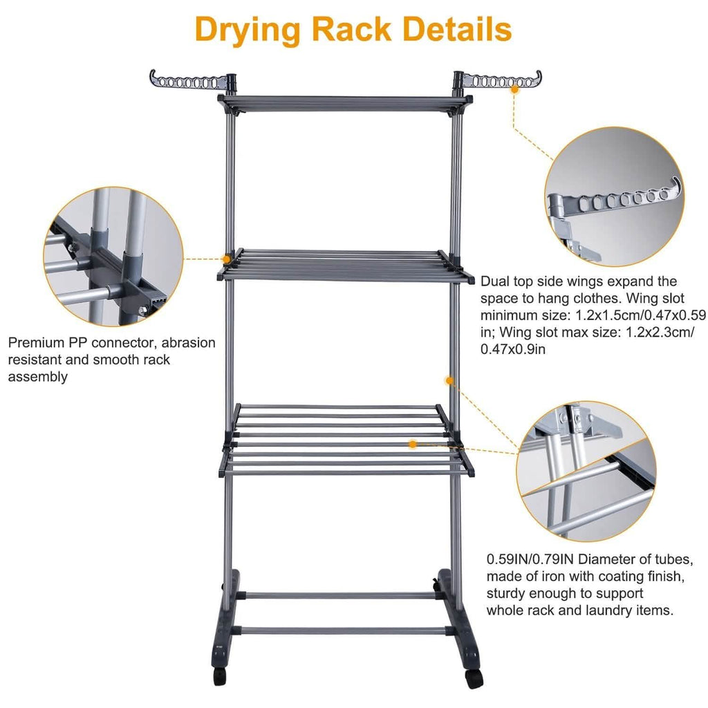 Clothes Drying Rack Rolling Collapsible Laundry Dryer Hanger Stand Rail