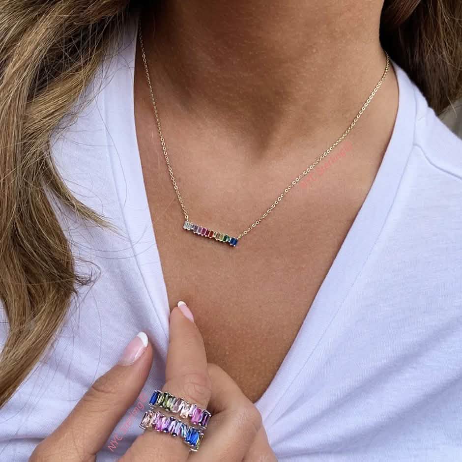 Clustered Rainbow Baguette Bar Necklace