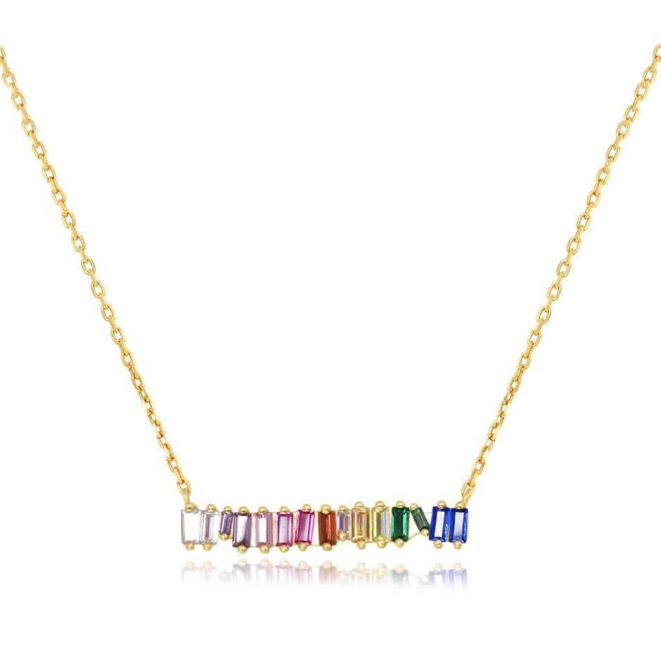 Clustered Rainbow Baguette Bar Necklace