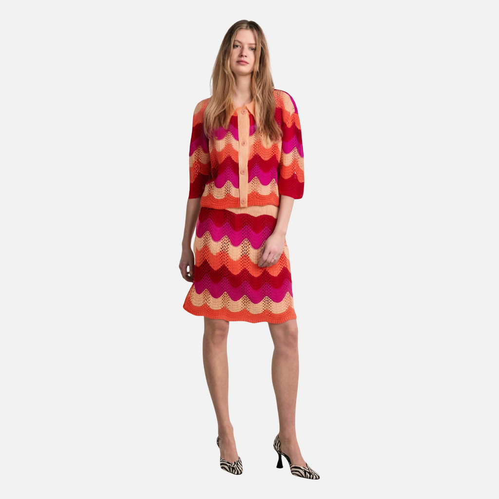 Collar striped contrasting knit shirt+half skirt set