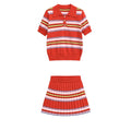 Color blocking striped knit sweater+skirt set for women