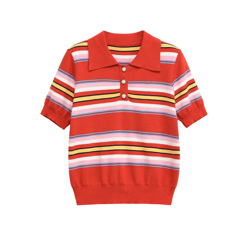 Color blocking striped knit sweater+skirt set for women