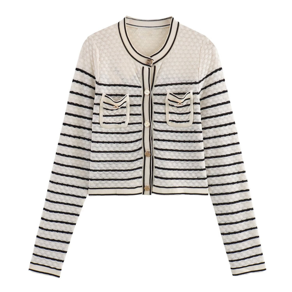 Color blocking striped women's knitted sweater top+striped hollow knitted skirt set for women