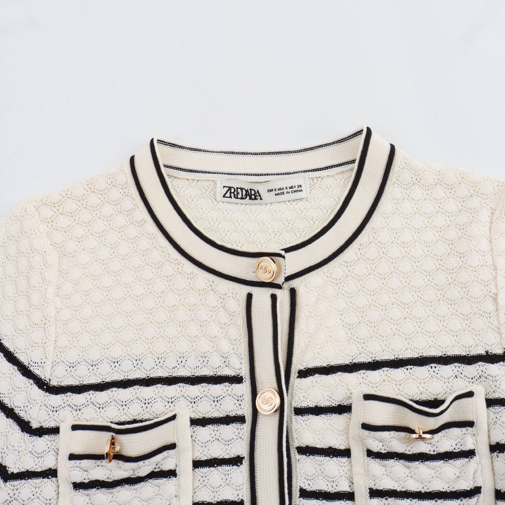 Color blocking striped women's knitted sweater top+striped hollow knitted skirt set for women