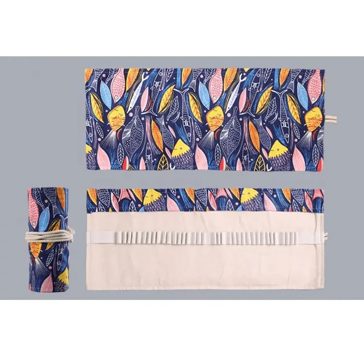 Colorful Roll Up Pencil Case Canvas Flowers Style Colored Pencils Wrap Multi-Purpose Pen Holder Cute Case