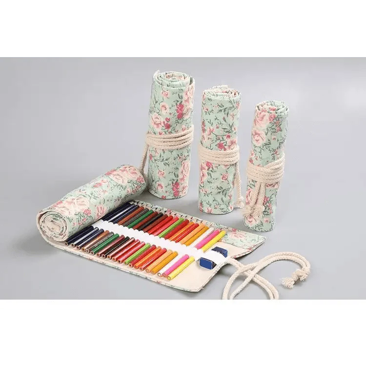 Colorful Roll Up Pencil Case Canvas Flowers Style Colored Pencils Wrap Multi-Purpose Pen Holder Cute Case