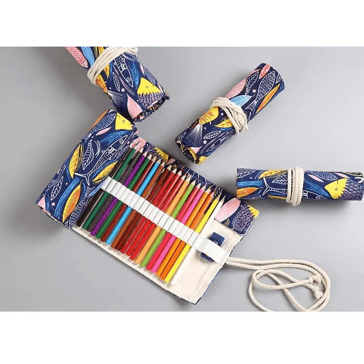 Colorful Roll Up Pencil Case Canvas Flowers Style Colored Pencils Wrap Multi-Purpose Pen Holder Cute Case