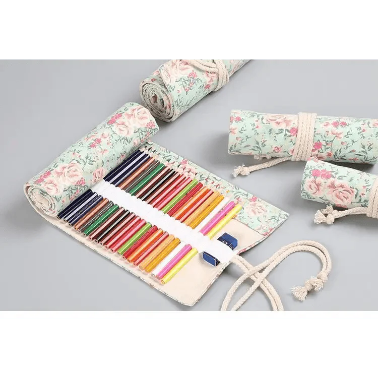 Colorful Roll Up Pencil Case Canvas Flowers Style Colored Pencils Wrap Multi-Purpose Pen Holder Cute Case