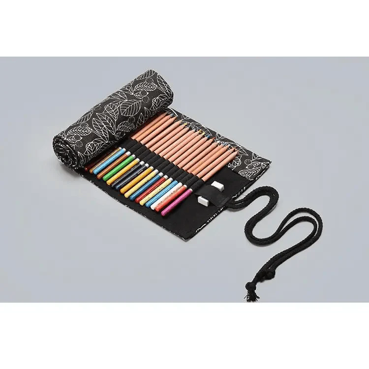 Colorful Roll Up Pencil Case Canvas Flowers Style Colored Pencils Wrap Multi-Purpose Pen Holder Cute Case