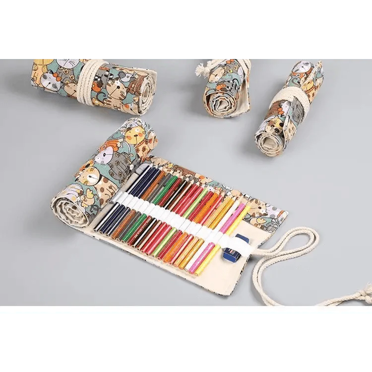 Colorful Roll Up Pencil Case Canvas Flowers Style Colored Pencils Wrap Multi-Purpose Pen Holder Cute Case