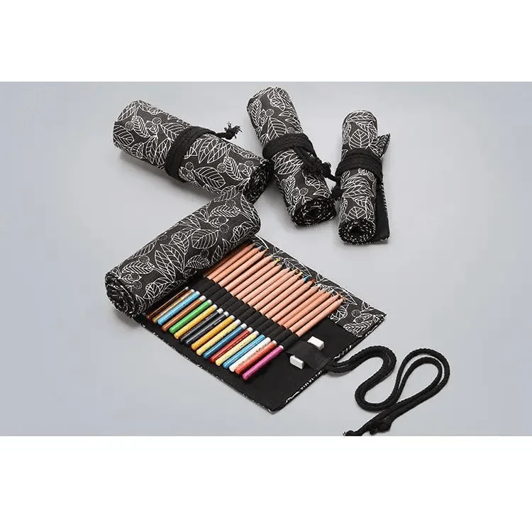 Colorful Roll Up Pencil Case Canvas Flowers Style Colored Pencils Wrap Multi-Purpose Pen Holder Cute Case