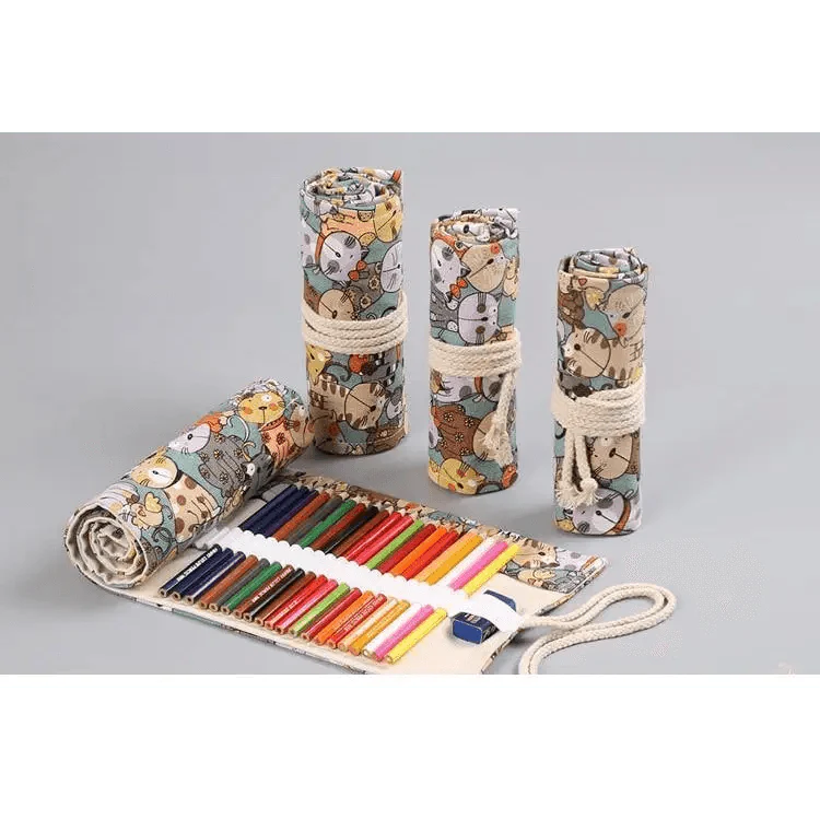 Colorful Roll Up Pencil Case Canvas Flowers Style Colored Pencils Wrap Multi-Purpose Pen Holder Cute Case