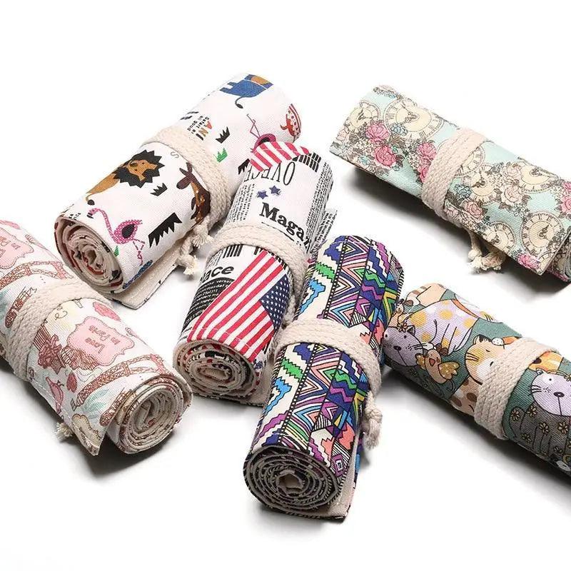 Colorful Roll Up Pencil Case Canvas Flowers Style Colored Pencils Wrap Multi-Purpose Pen Holder Cute Case